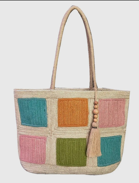 Colorful Square Straw Woven Tote Bag