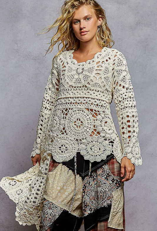 Comic Boho Weave Soft Creme Crochet Pullover