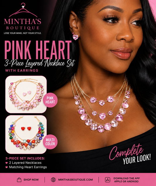 3PCS - Heart Stone Cluster Link Necklace Set