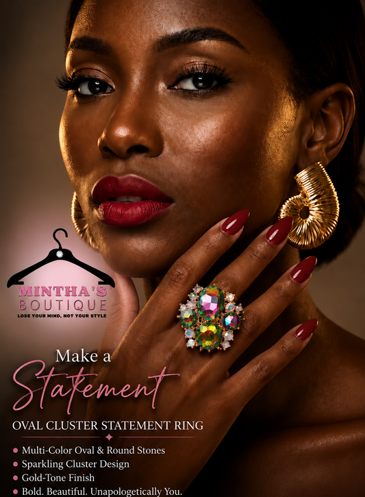 Oval Round Stone Cluster Statement Stretch Ring