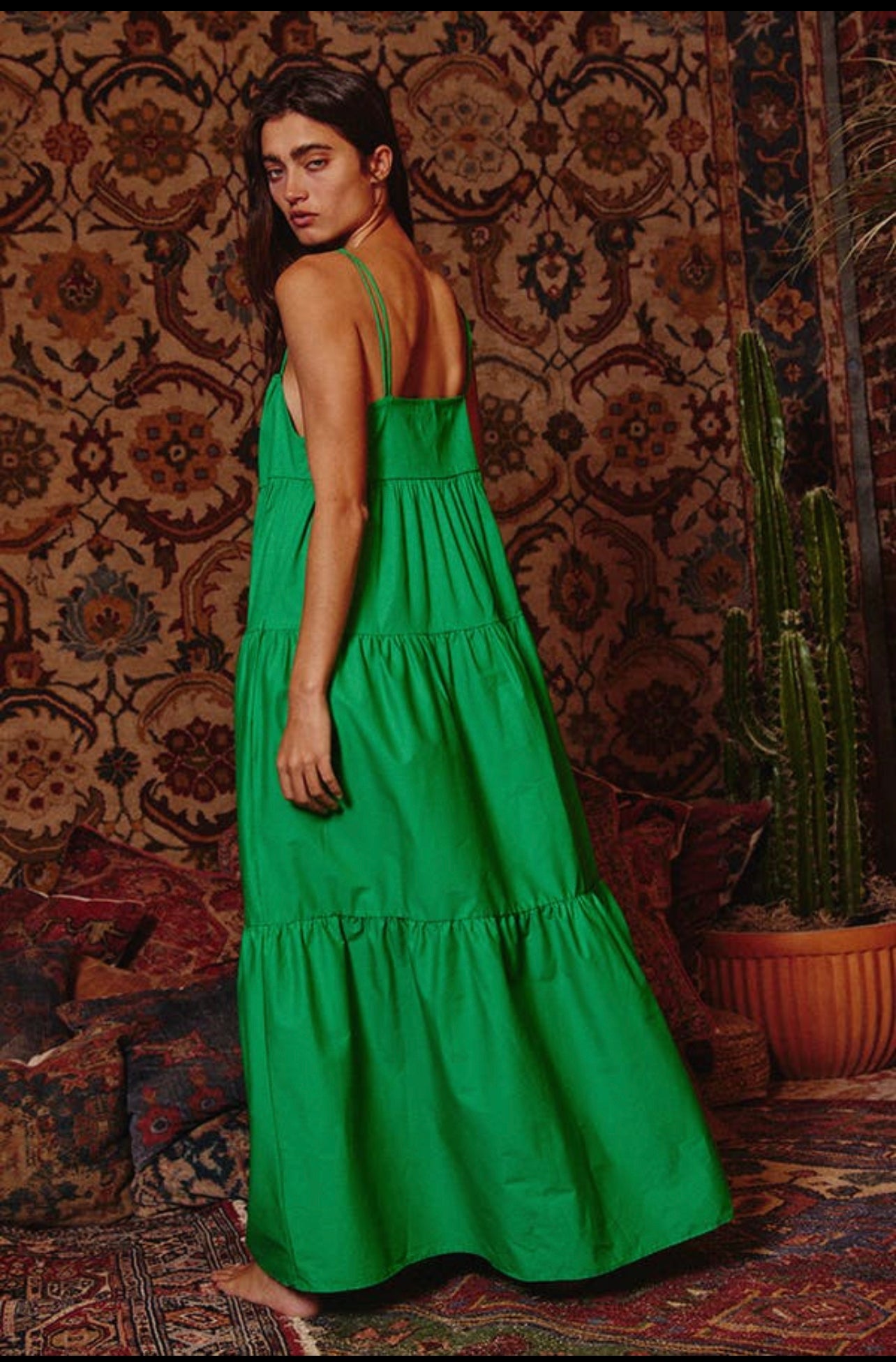 Sierra Strappy Tiered Poplin Maxi Dress_Green Medium