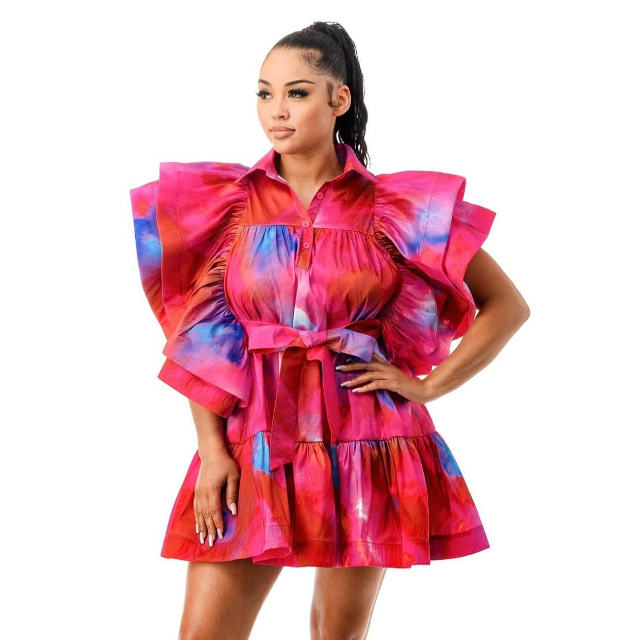 Must Be Love RUFFLE FLOUNCED HEM FLARE MINI DRESS